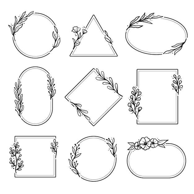 Set of hand drawn geometric floral frame
