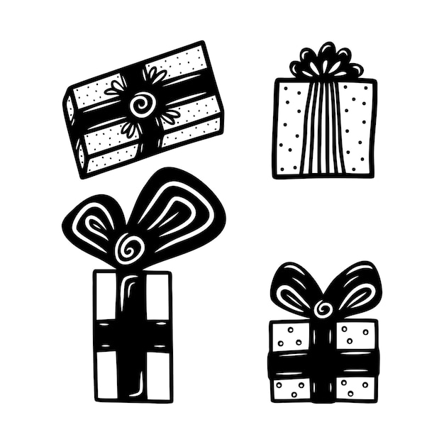 Set hand drawn gift boxes with bows and ribbons