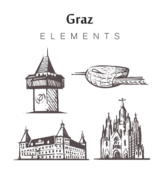 Insieme di edifici graz disegnati a mano