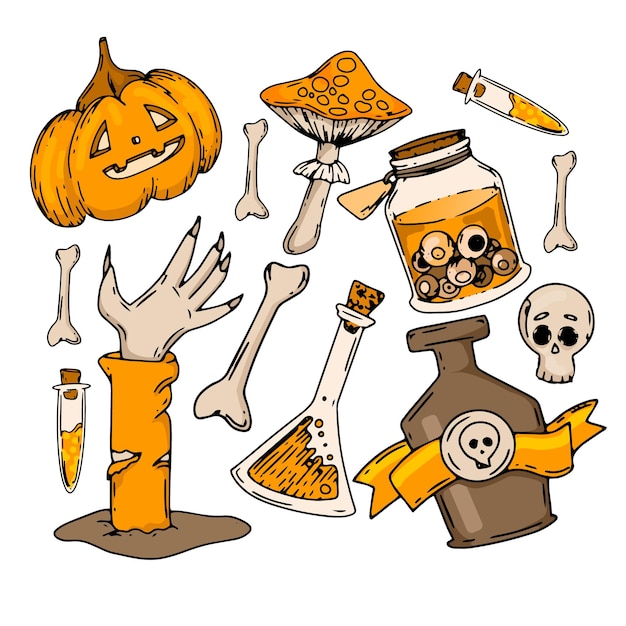Vettore set di elementi carini di halloween disegnati a mano