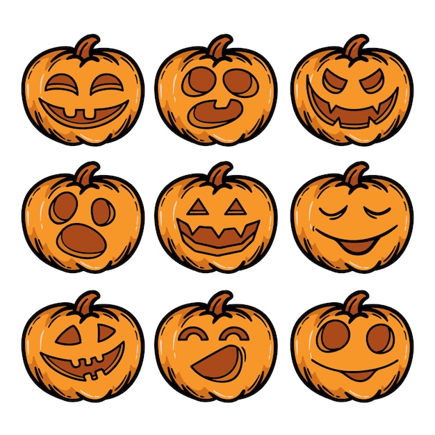 Vettore set di disegnati a mano zucche di halloween terribile sorriso