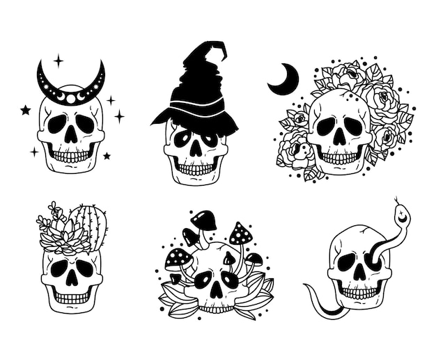 Set of hand drawn Halloween skulls