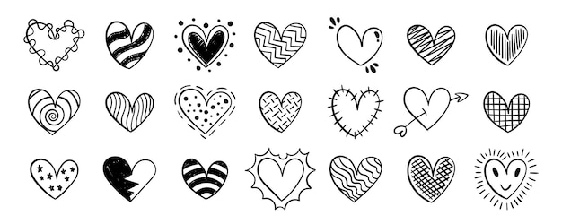 Set of hand drawn hearts in different styles and shapes