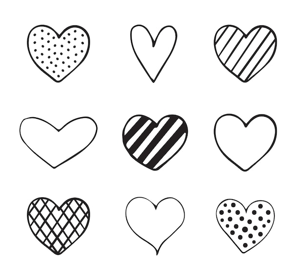 Vector set of hand drawn hearts isolated on white background