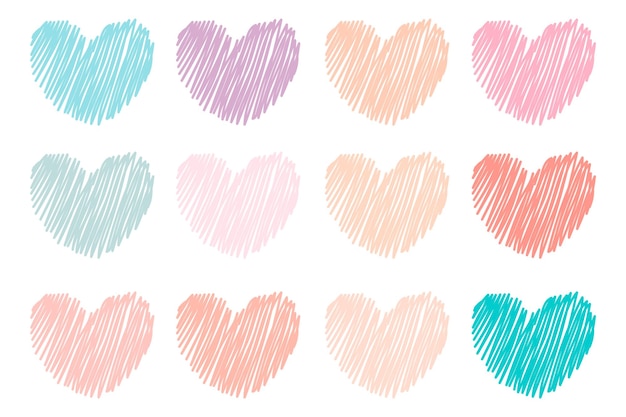 Set of hand drawn hearts in pastel colors