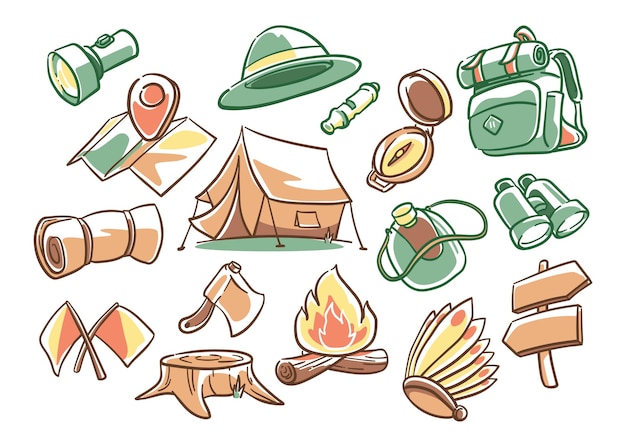 Set of hand drawn hiking and camping