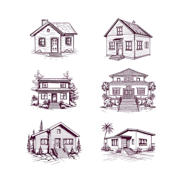 set of hand drawn house isolated on white background