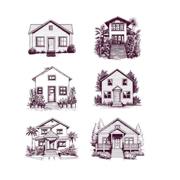 Vector set of hand drawn house isolated on white background