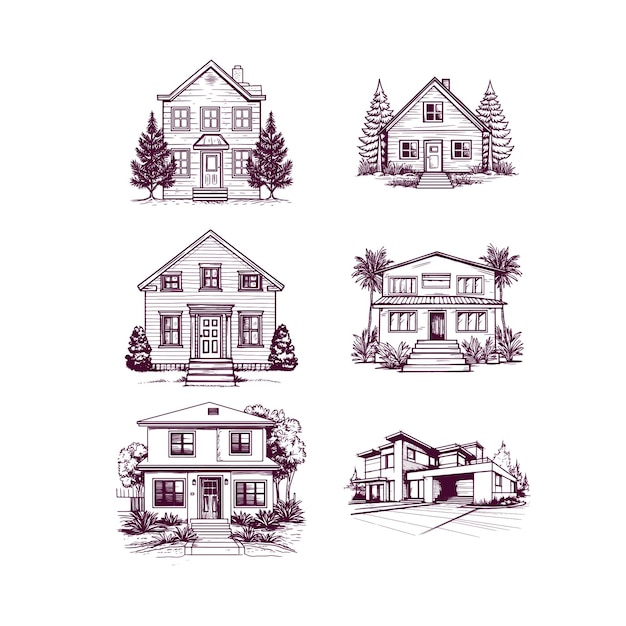 set of hand drawn house isolated on white background