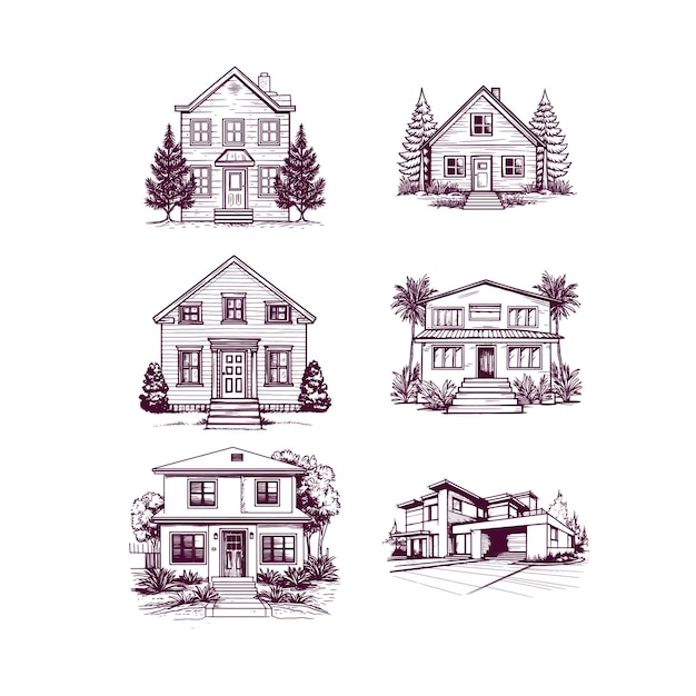 Vector set of hand drawn house isolated on white background