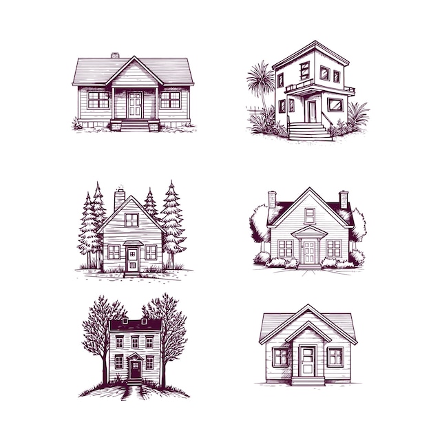 set of hand drawn house isolated on white background