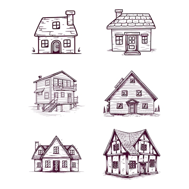 Vector set of hand drawn house isolated on white background