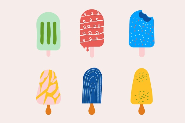 Vector set of hand drawn ice cream cones on a stick flat design