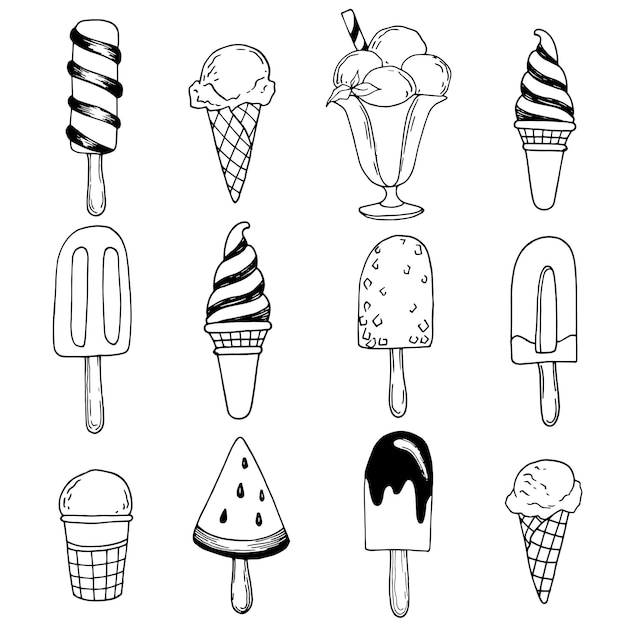 Набор векторных иллюстраций мороженого ручной работы в стиле каракулей