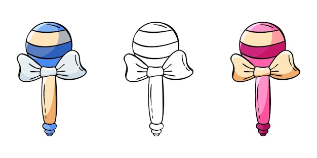 Set of hand drawn icon of rattle in doodle style for boys and girls