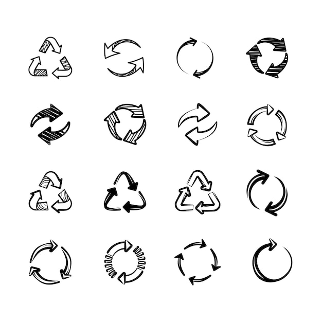 A set of hand drawn icons for recycling