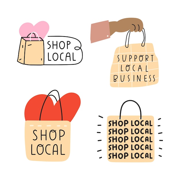 Set of hand drawn icons. Shop local. Vector illustrations on white background.