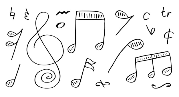 Набор нарисованных вручную иконок, таких как восемь нот, оставшаяся половина ноты, тридцать вторая нота, плоская музыка и медиа-контур, коллекция тонких иконок