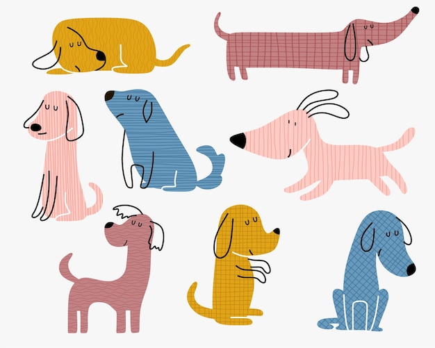 Vector set of hand drawn illustration with cute dogs