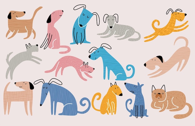 Vector set of hand drawn illustration with cute dogs