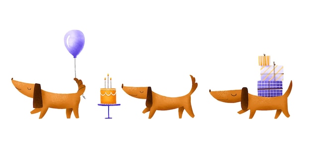 Vector set of hand drawn illustration with dachshunds with a birthday c