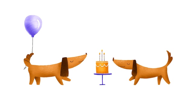 Set of hand drawn illustration with dachshunds with a birthday c