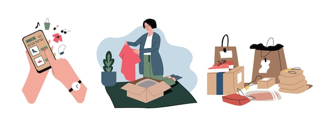 Set of hand-drawn illustrations on the topic of online shopping. Shopping online, unpacking boxes, ordering things on your phone. Vector isolated on a white background.