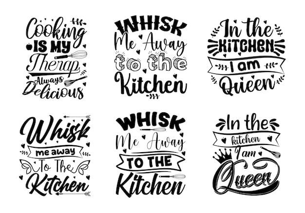 A set of hand drawn illustrations of the words whisk me away to the kitchen.