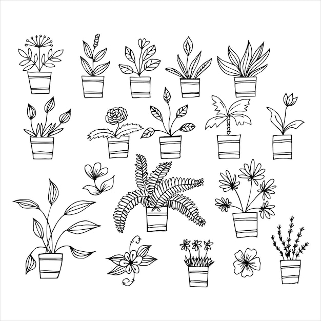 ポット落書きデザインの手描き屋内植物のセット観葉植物イラスト