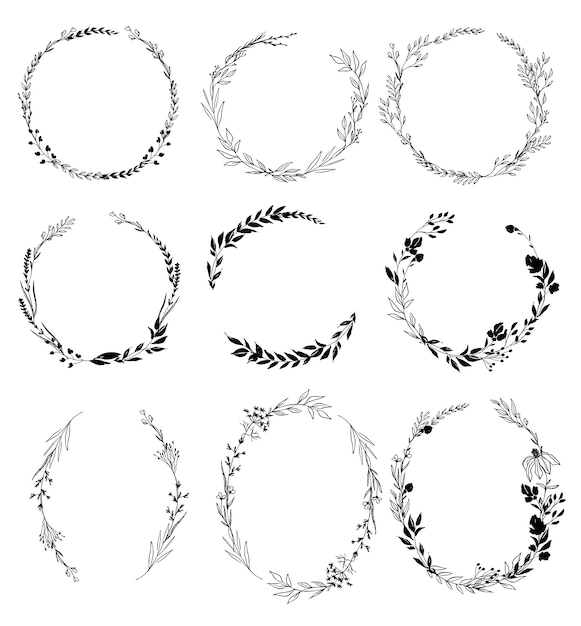 Vector set of hand drawn ink floral wreaths