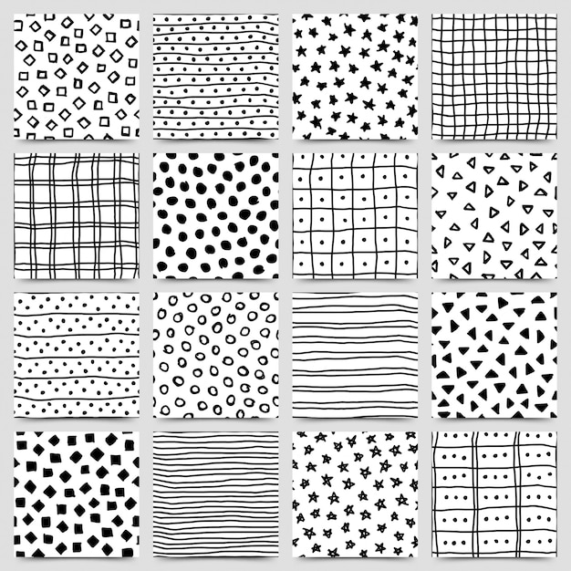 Set of hand drawn ink seamless pattern 