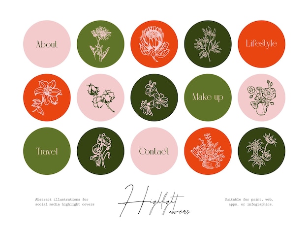 Set of hand drawn ink wildflower and botanical illustrations for social media highlight covers