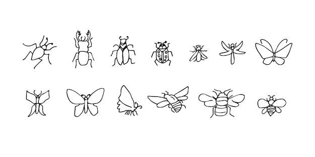 A set of hand-drawn insect lines. Silhouette doodle illustration.