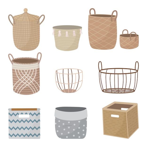 Vector set of hand drawn interior empty baskets