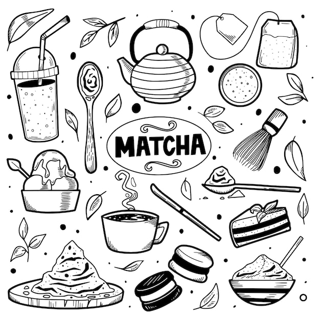 Set of hand drawn japanese matcha tea ingredient and traditional ceremony elements matcha latte pie dessert cup spoon matcha leaf doodle sketch style illustration