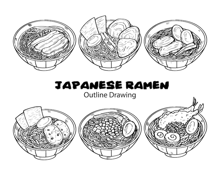 Vector set of hand drawn japanese ramen outline drawing food illustration