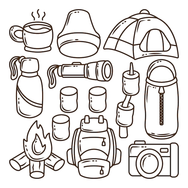 Vector set of hand drawn kawaii camping cartoon doodle coloring