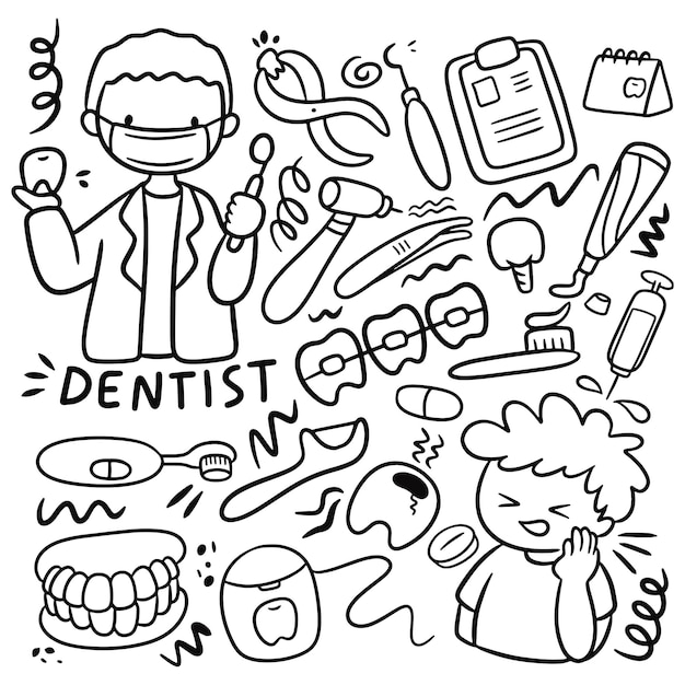 Набор ручных рисунков Kawaii Dental Doodles Vector Illustration