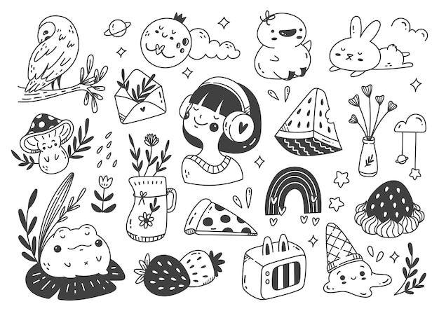 Set of hand drawn kawaii doodle