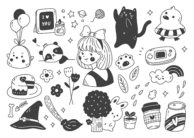 Set of hand drawn kawaii doodle