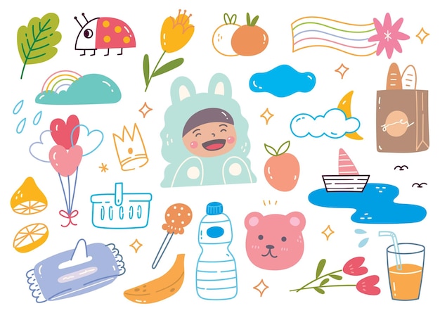 Insieme dell'elemento di doodle dell'oggetto kawaii e girly disegnato a mano