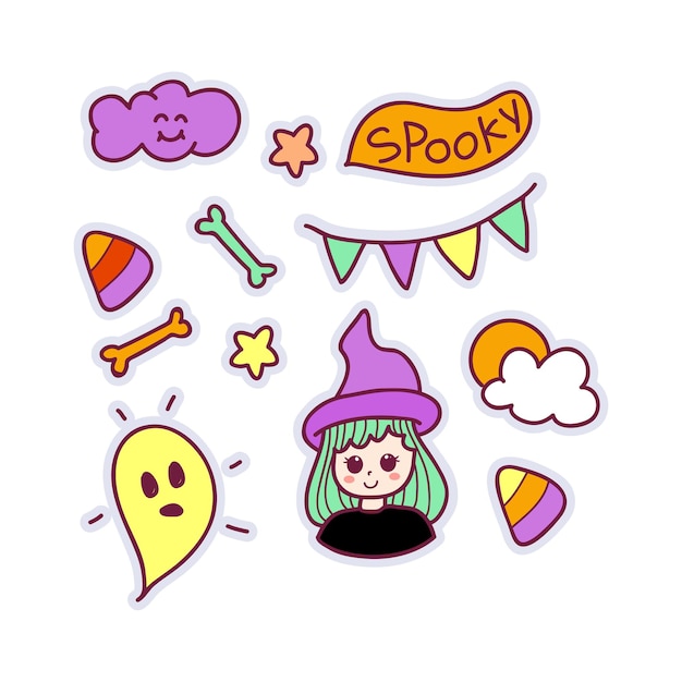 Vector set of hand drawn kawaii halloween doodle stickers