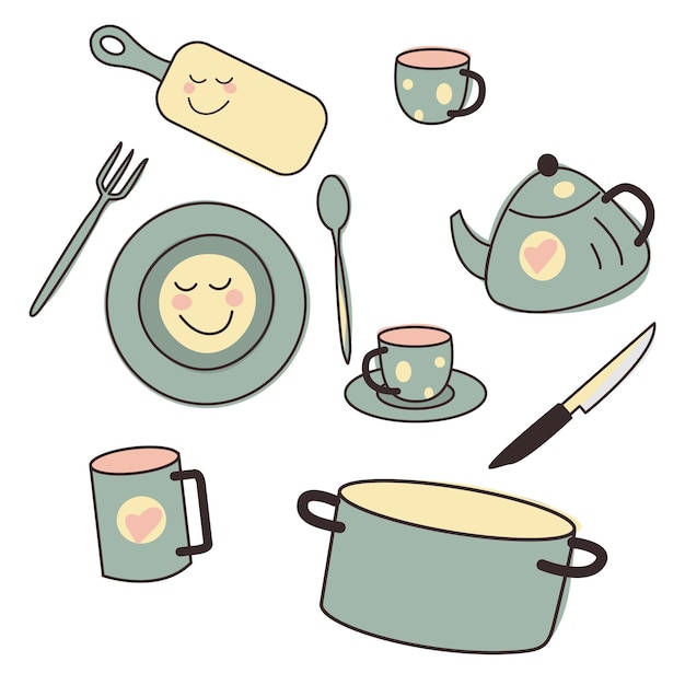 Set of hand drawn kitchen items icons