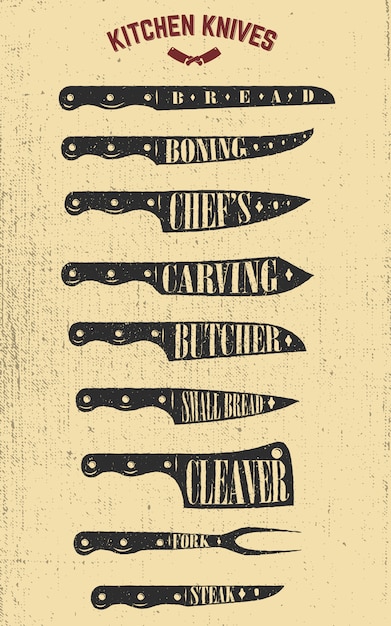 Vector set of hand drawn kitchen knives illustrations.  elements for poster, menu, flyer.  illustrations