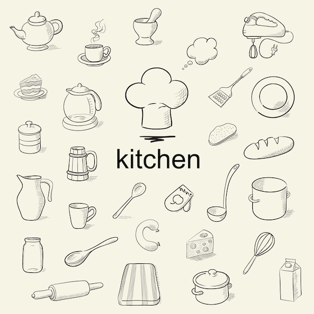 A set of hand drawn kitchen tools Vector illustration