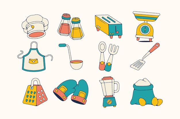 Set of hand drawn kitchen utensils illustrations