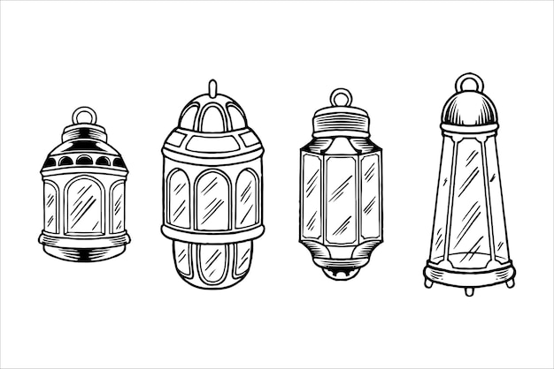 Set of hand drawn lanterns for islamic ornaments element for ramadan isolated on white background in black white or monochrome style