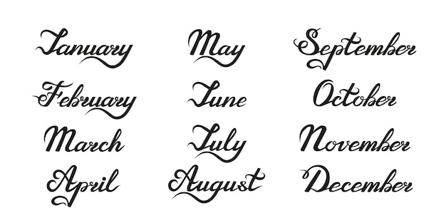 Set of hand drawn lettering with names of months Hand written months titles for calendar planner