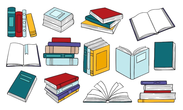 Set di libri di biblioteca disegnati a mano doodle