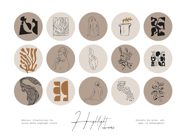 Set of hand drawn line art boho style vector illustrations for social media highlight story